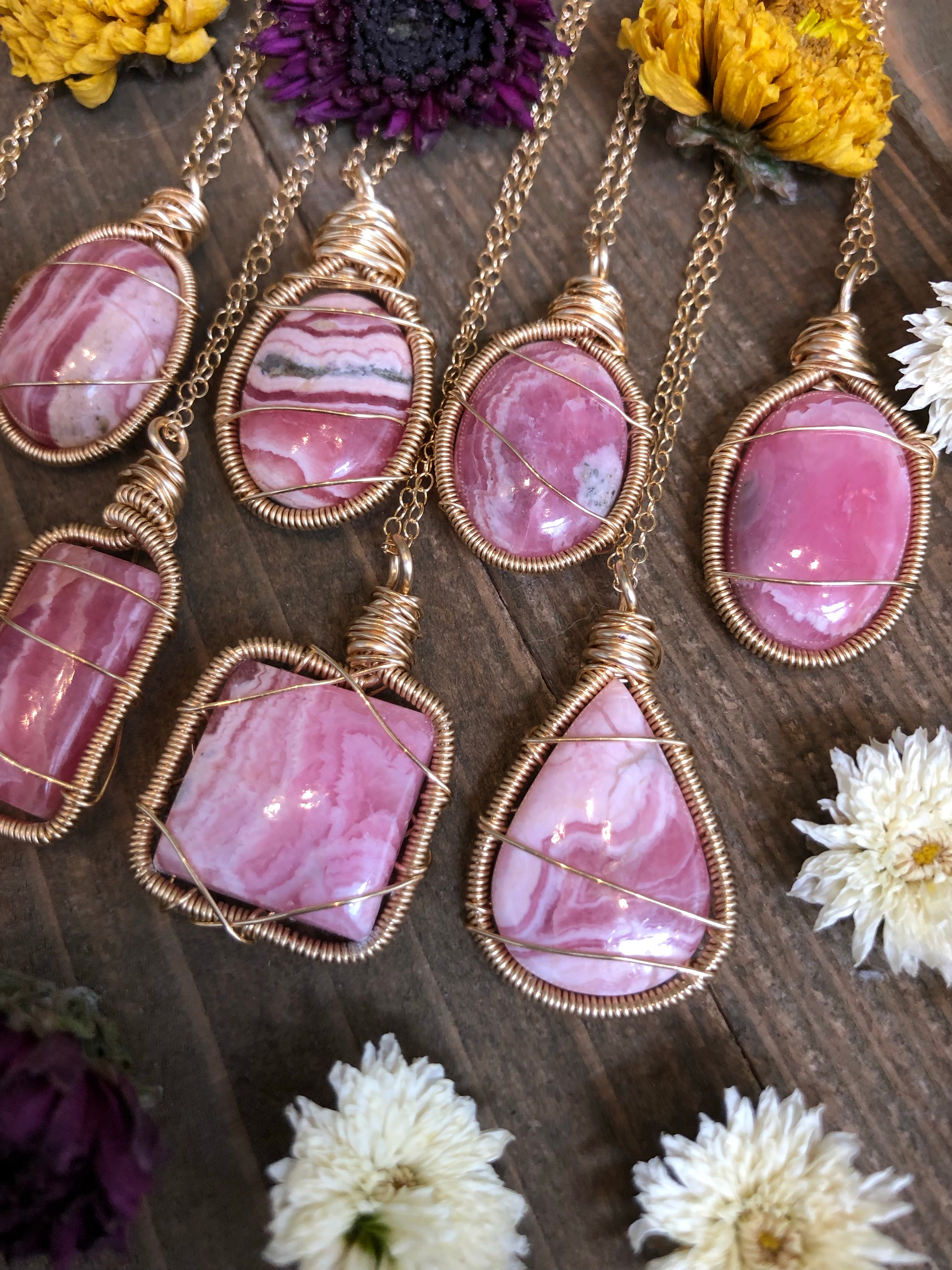 Rhodochrosite & Gold Wire Wrapped Necklace