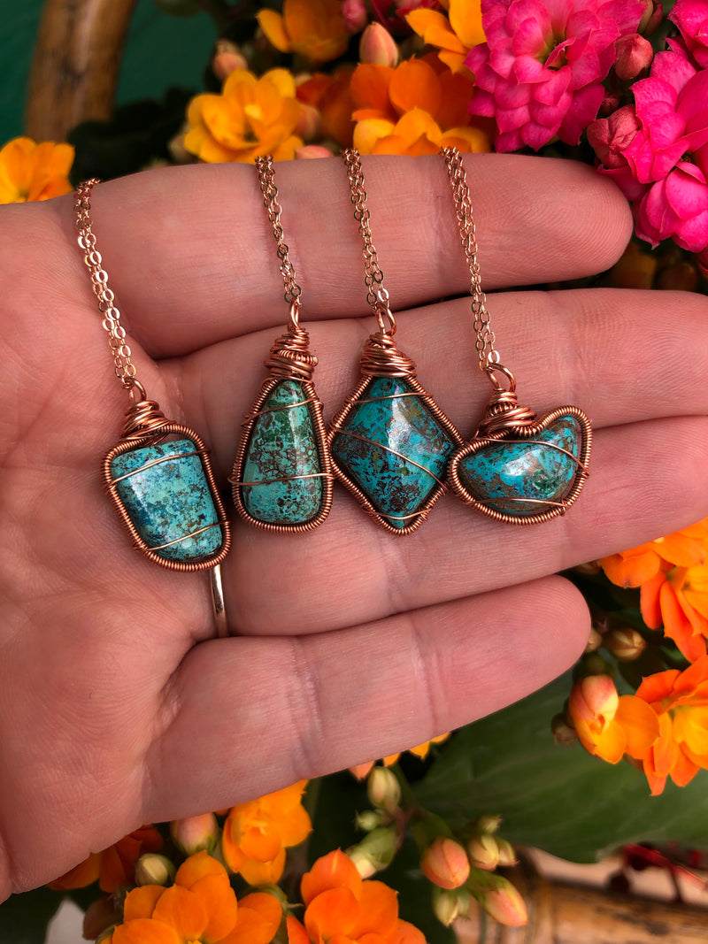 Chrysocolla and Copper Wire Wrapped Necklace