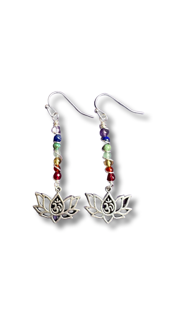 Chakra Dangle Earrings with Crystal Beads and Lotus Flower Charm