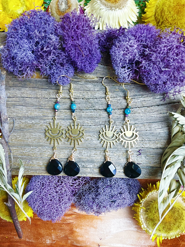Third Eye Gold Earrings with Apatite & Obsidian