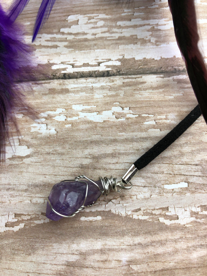 Mini Purple & Black Hanging Dream Catcher Accessory Rear View Mirror Charm With Amethyst, Purple Feathers, and Ohm Charm