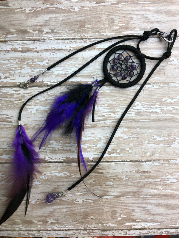 Mini Purple & Black Hanging Dream Catcher Accessory Rear View Mirror Charm With Amethyst, Purple Feathers, and Ohm Charm