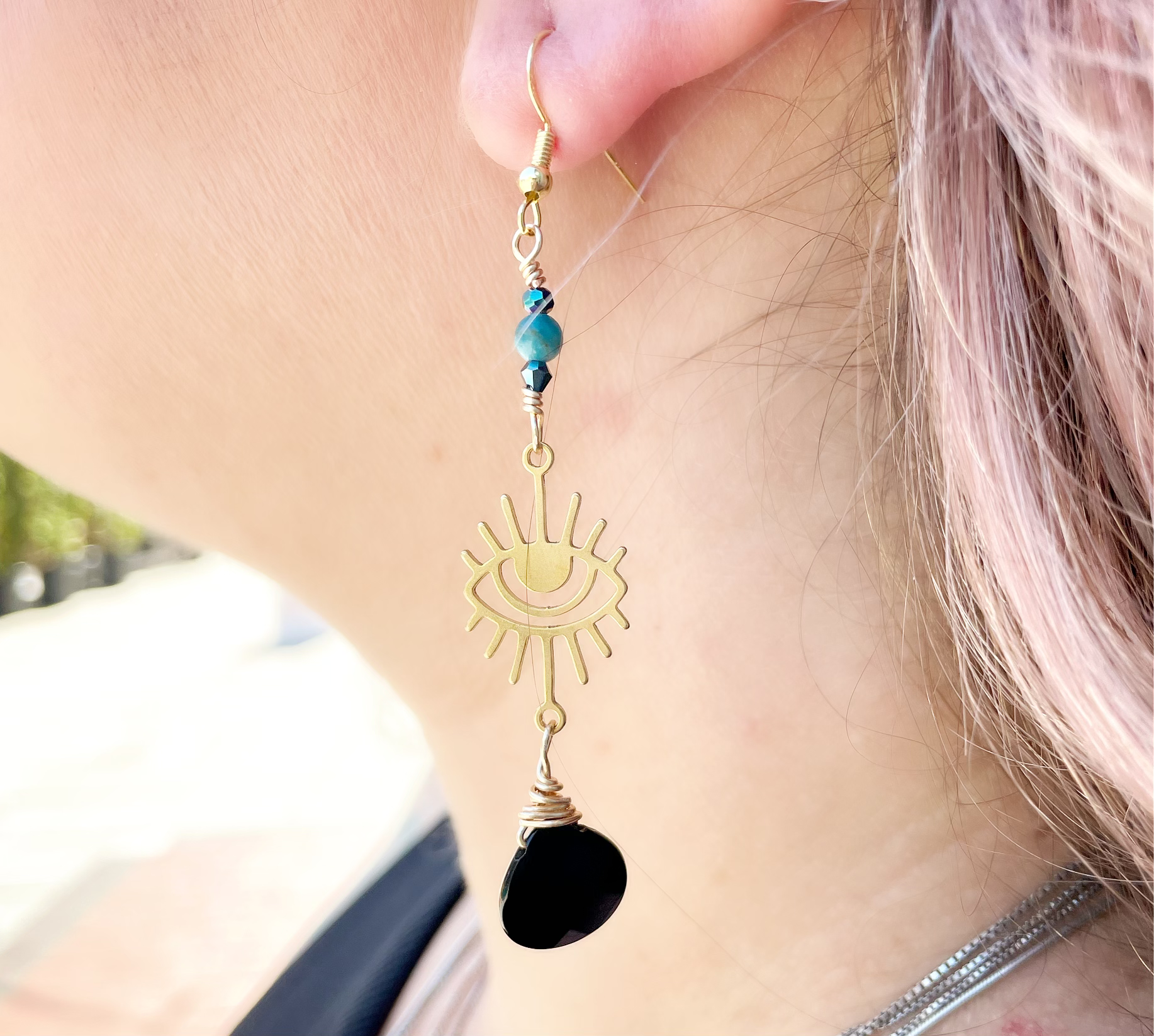 Third Eye Gold Earrings with Apatite & Obsidian