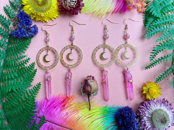 Pink Aura Quartz Moon Earrings