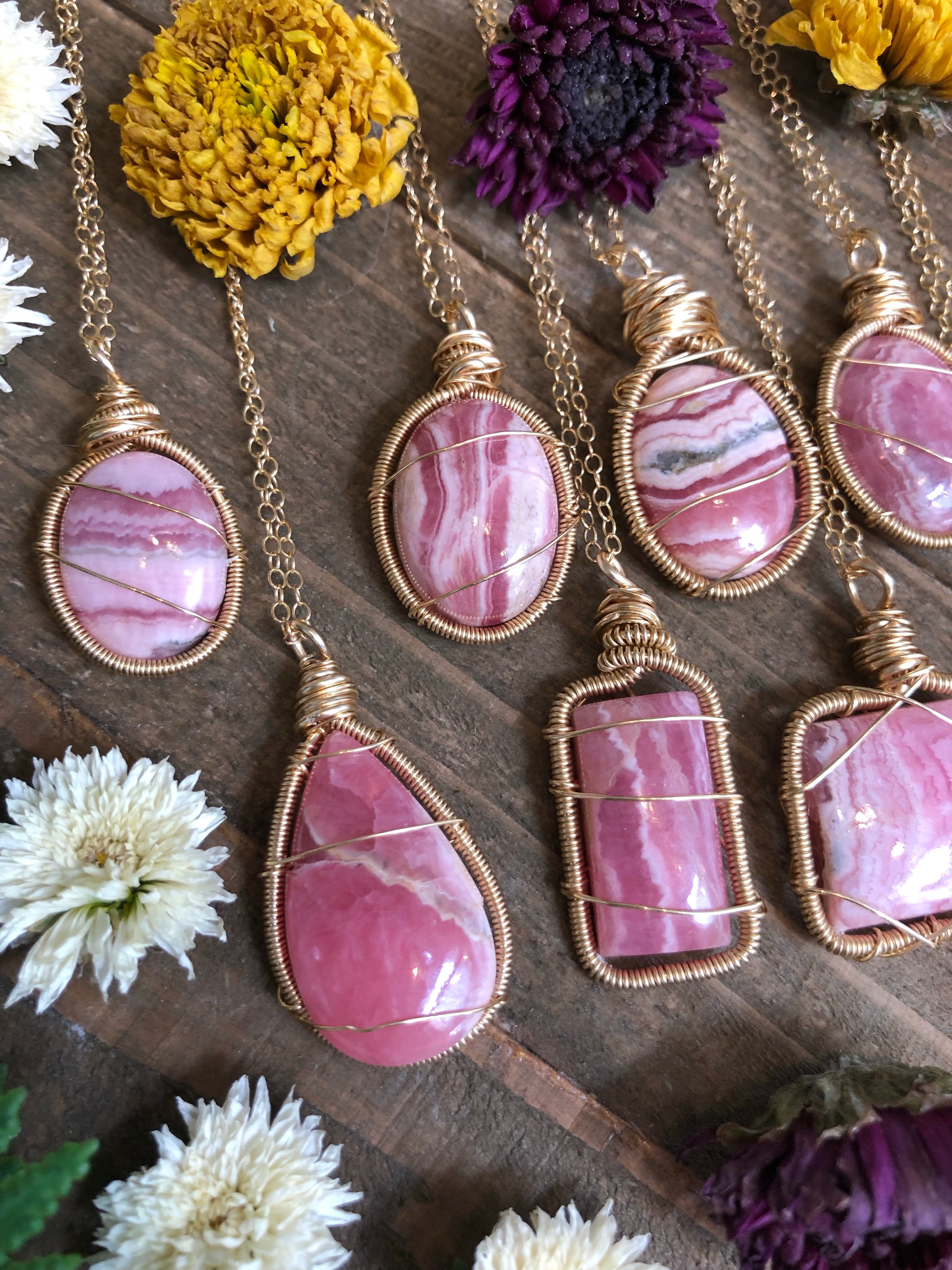 Rhodochrosite & Gold Wire Wrapped Necklace