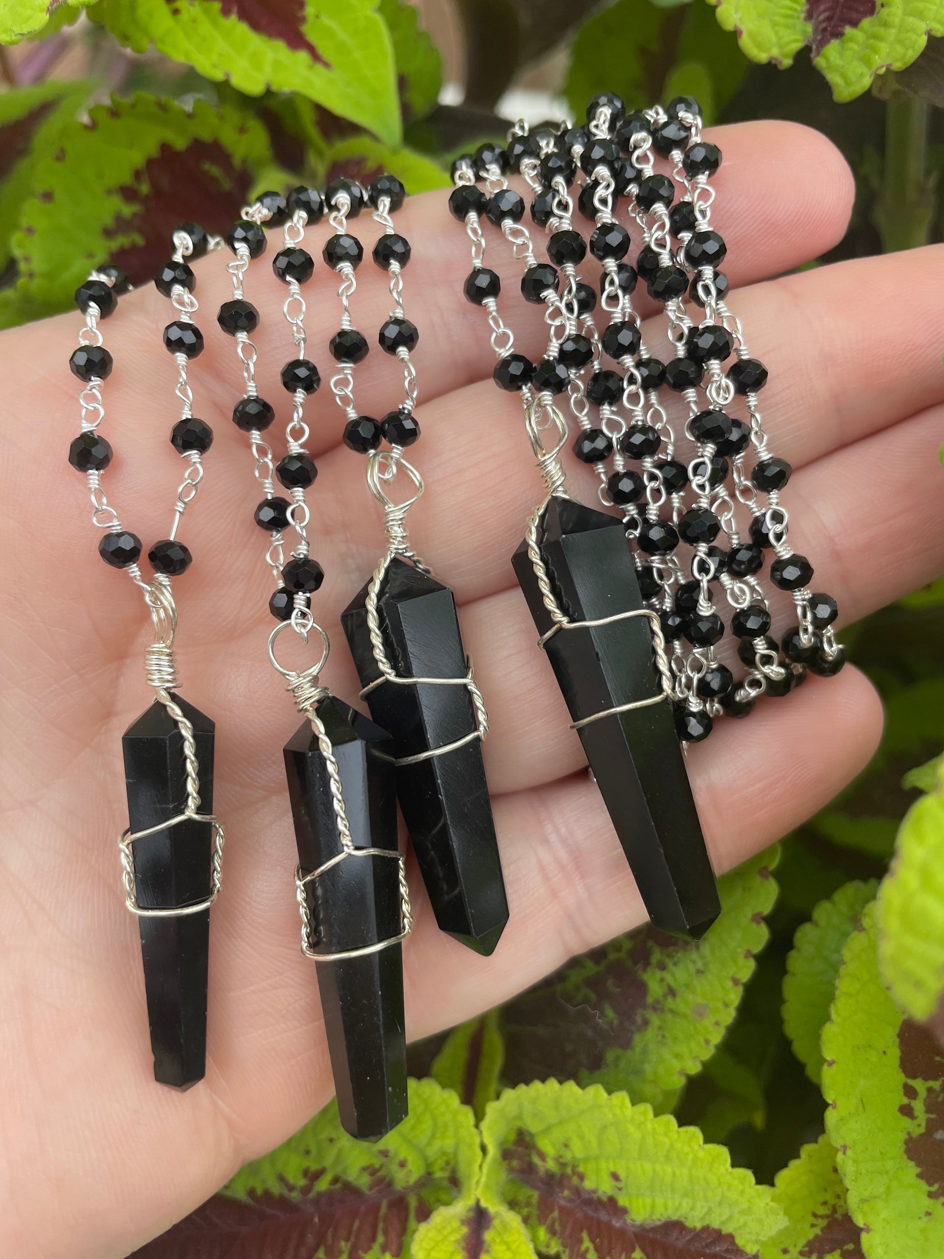 Obsidian Point Necklace with Beaded Chain